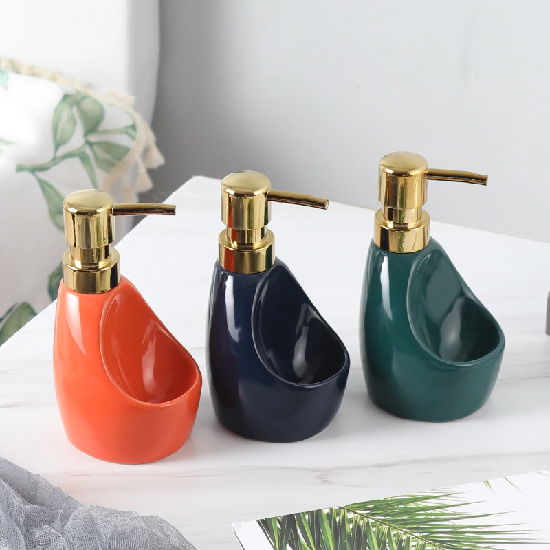 Ceramic Dual-use Liquid Soap Dispenser Bathroom Lotion Bottle Detergent Hand Sanitizer Bottle with Sponge storage rack